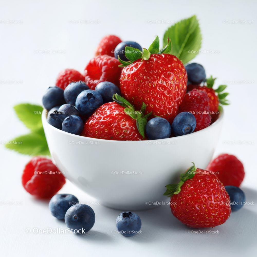 Fresh Mixed Berries in a White Bowl with Green Leaves Stock Photo Bundle preview 8