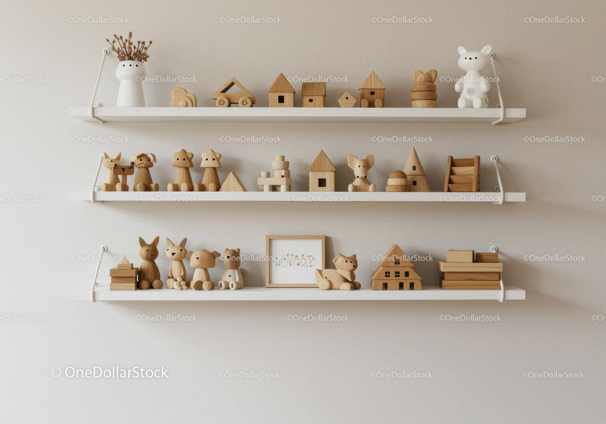 Wooden Children's Toys and Decor Wooden Shelves Nursery Room Display