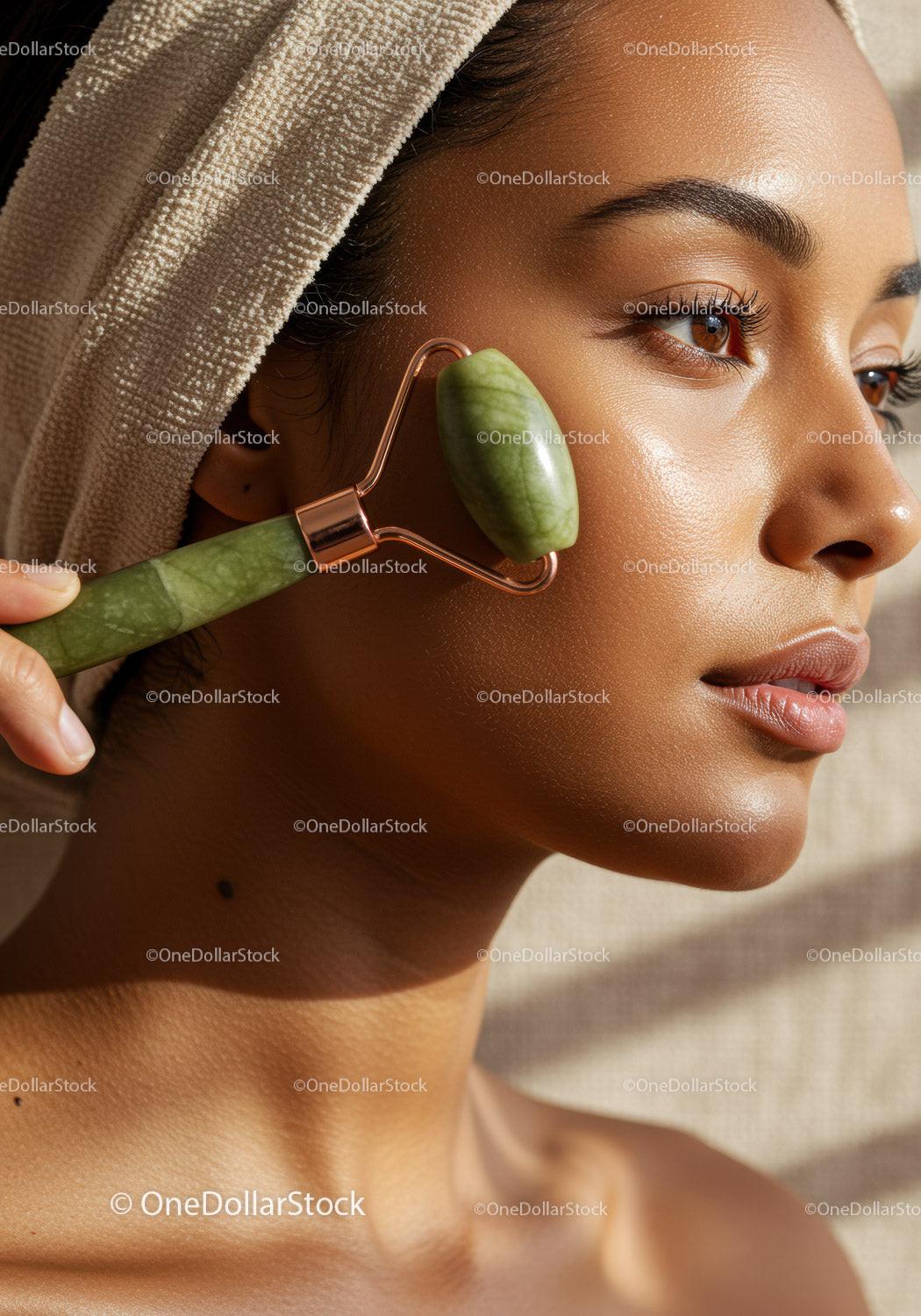 Close Up of Woman Using Jade Roller for Skin Rejuvenation and Beauty