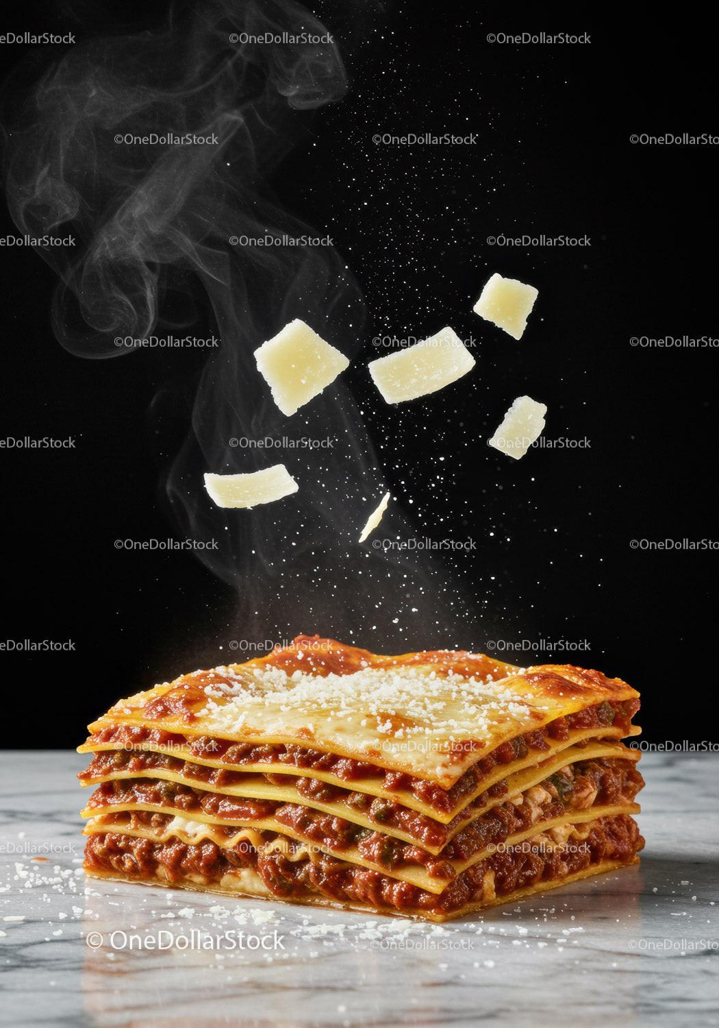Freshly baked lasagna with cheese falling down