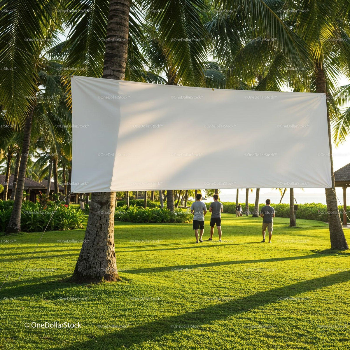 People Walking Past Outdoor Blank Movie Screen at Sunset JPG Mockup Image preview