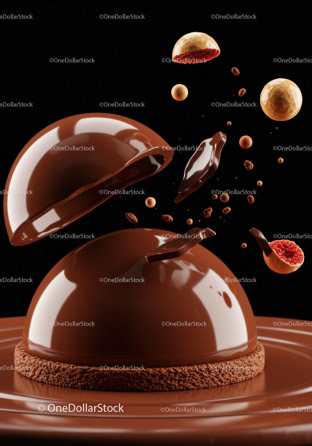 Glossy chocolate dome dessert with raspberry filling