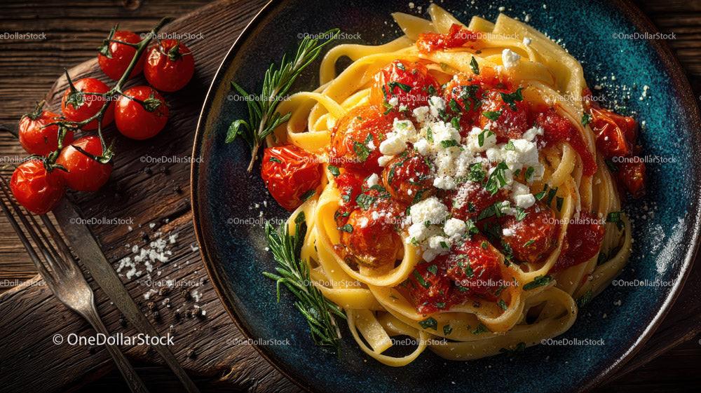 Creamy Fettuccine Pasta with Cherry Tomatoes and Basil Stock Photo Bundle preview 8