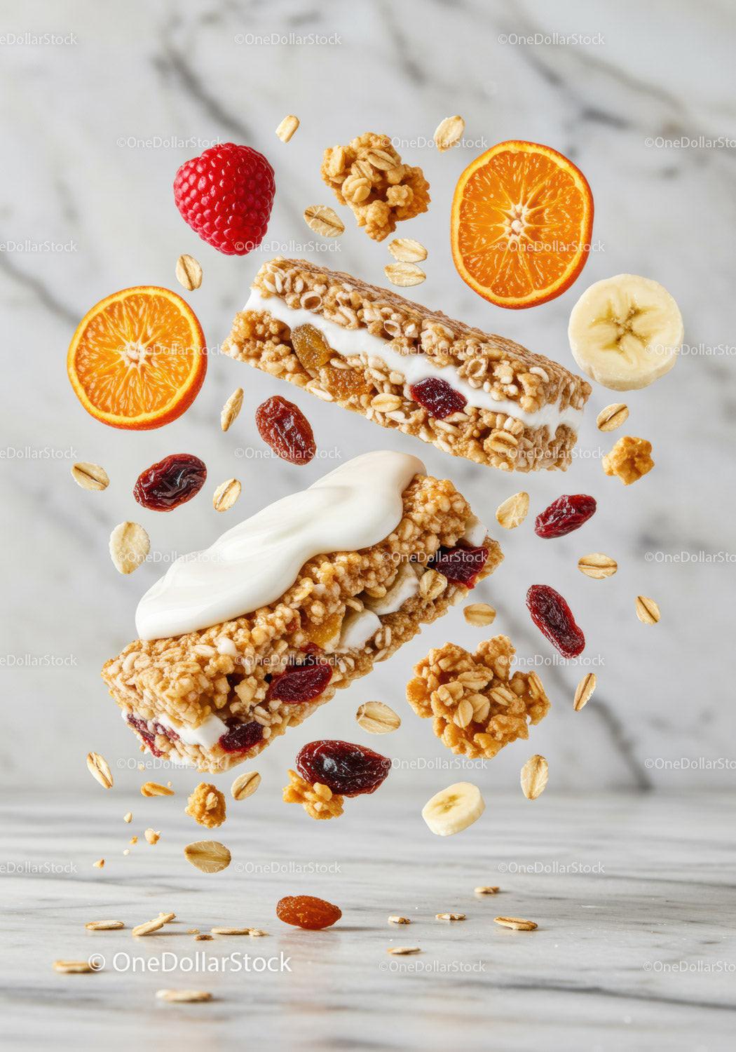Energy granola bars with fresh fruit slices in motion