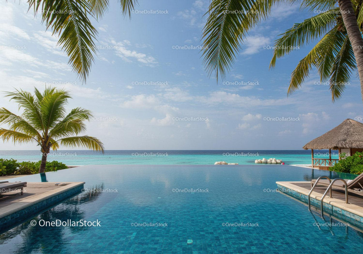 Relaxing Tropical Poolside Scene with Ocean View and Palm Trees