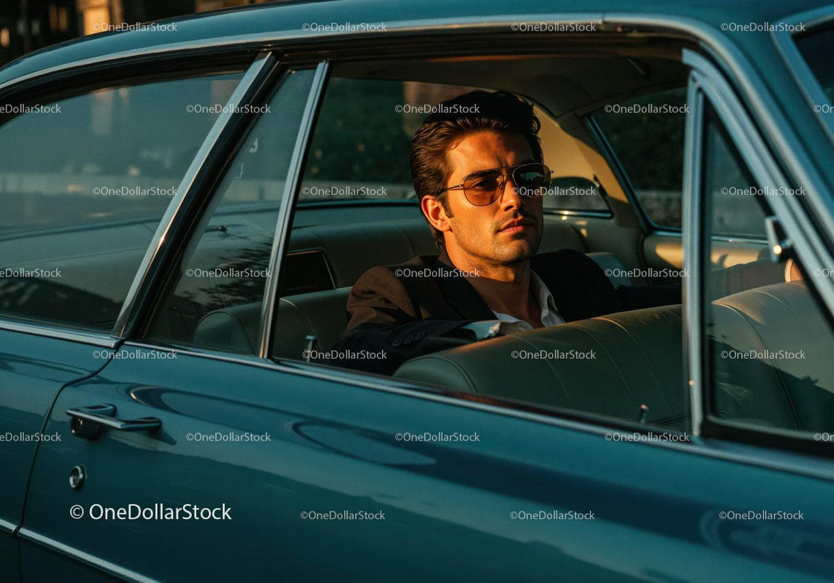 Stylish Man in Sunglasses Sitting in Classic Vintage Car at Sunset Stock Photo Bundle preview 35
