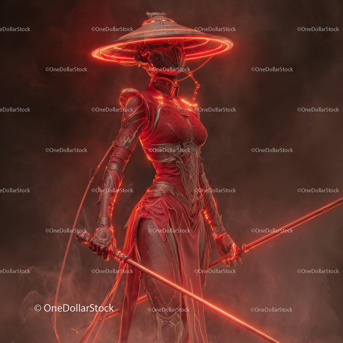 Futuristic Samurai in Neon Red Armor Holding Umbrella Stock Photo Bundle preview 35