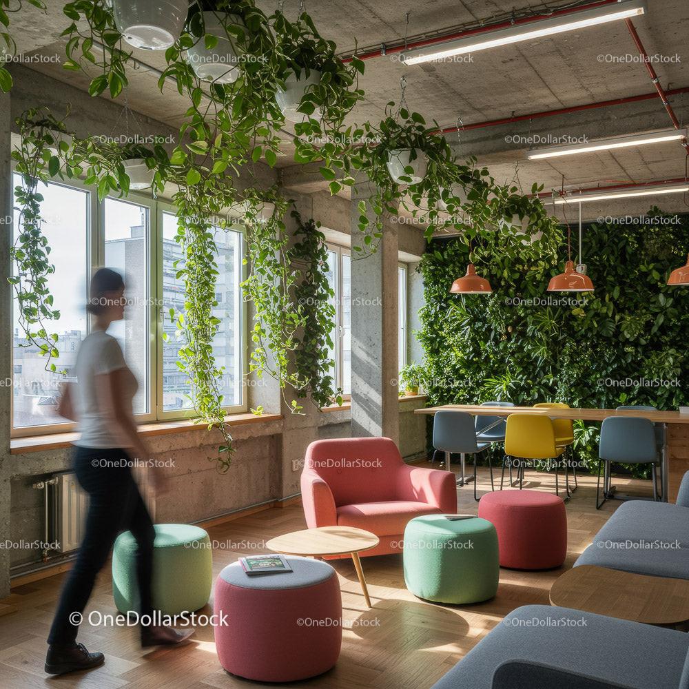 Stylish Office Space with Lush Greenery and Vibrant Lockers Stock Photo Bundle preview 14