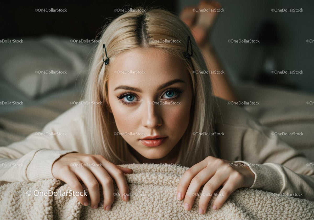 Young Woman with Blue Eyes and Blonde Hair Lying on Cozy Bed