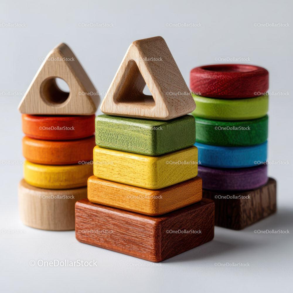 Three stacks of colorful wooden geometric blocks including triangles and circles on white background