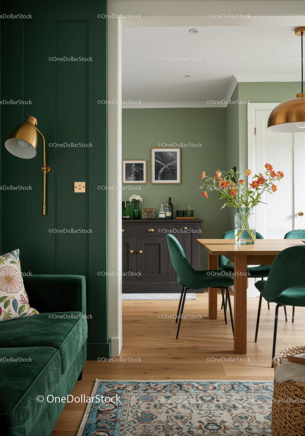 Elegant Green Accent Wall in Cozy Dining and Living Room Interior