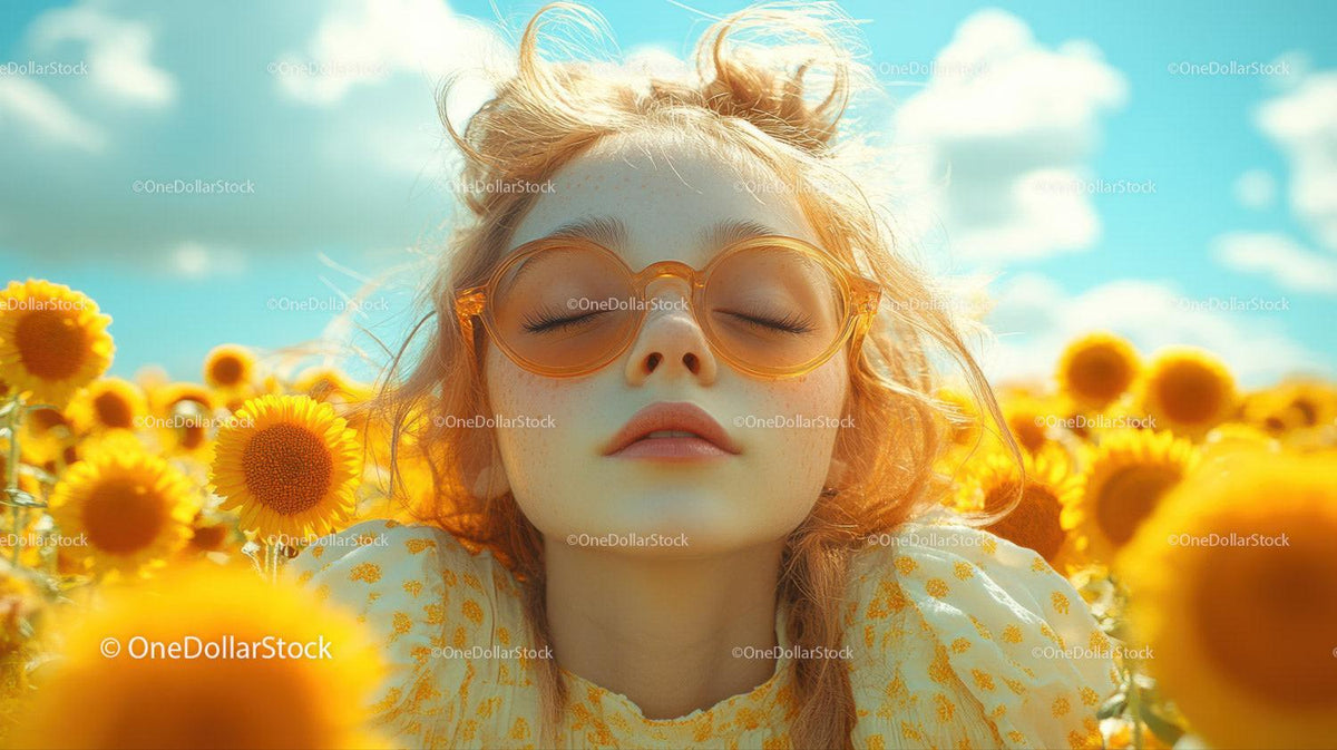 Curly blonde woman with orange sunglasses in sunflower field under blue sky
