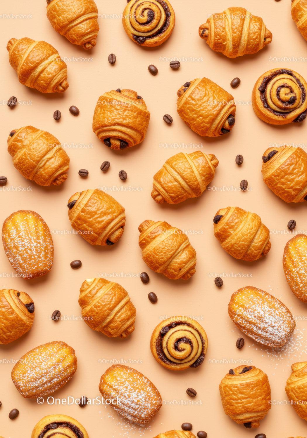 Assorted French Pastries with Coffee Beans on Beige