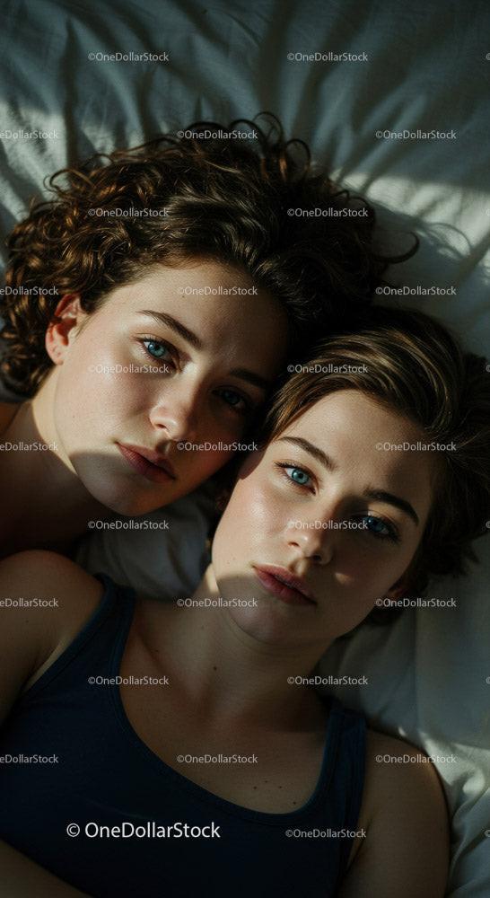 Two Young Women Relaxing Together in a Cozy Bedroom Setting Stock Photo Bundle preview 13