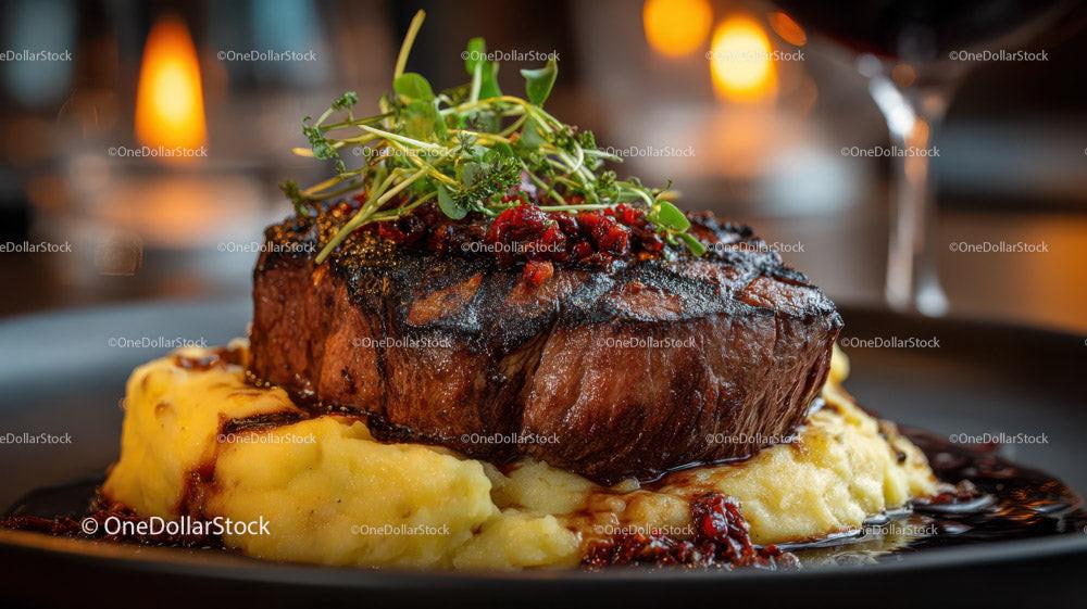 Juicy Steak with Mashed Potatoes and Herb Garnish in Elegant Restaurant Stock Photo Bundle preview 7