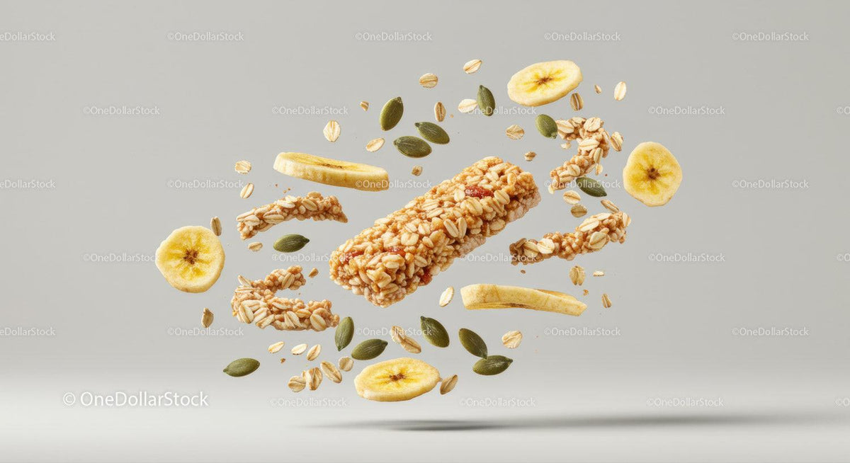 Crispy granola bar with oat flakes and banana chips