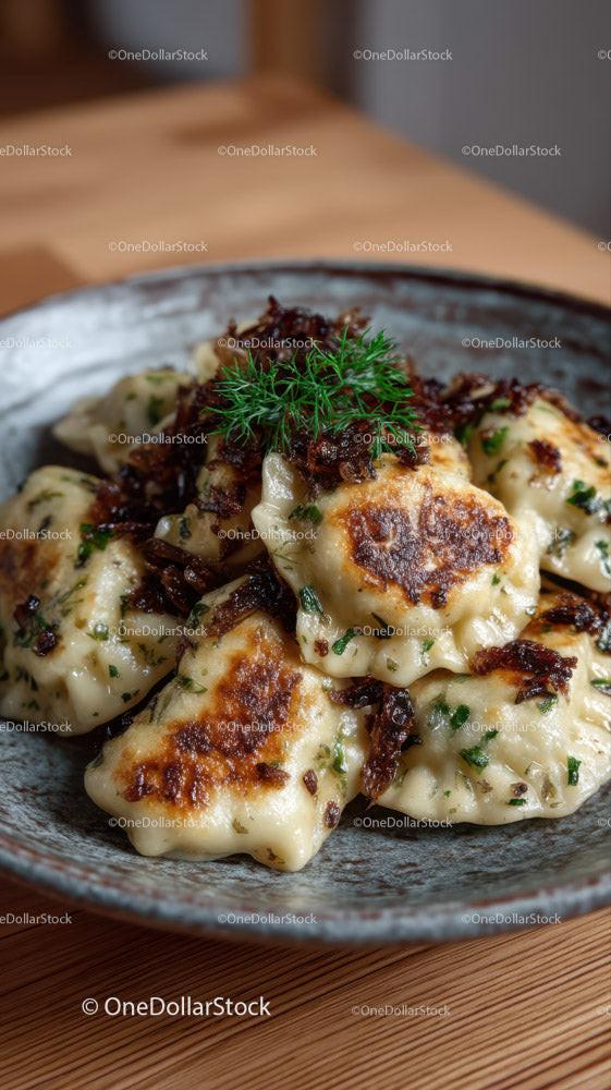 Japanese Gyoza Dumplings with Crispy Edges and Green Garnish Stock Photo Bundle preview