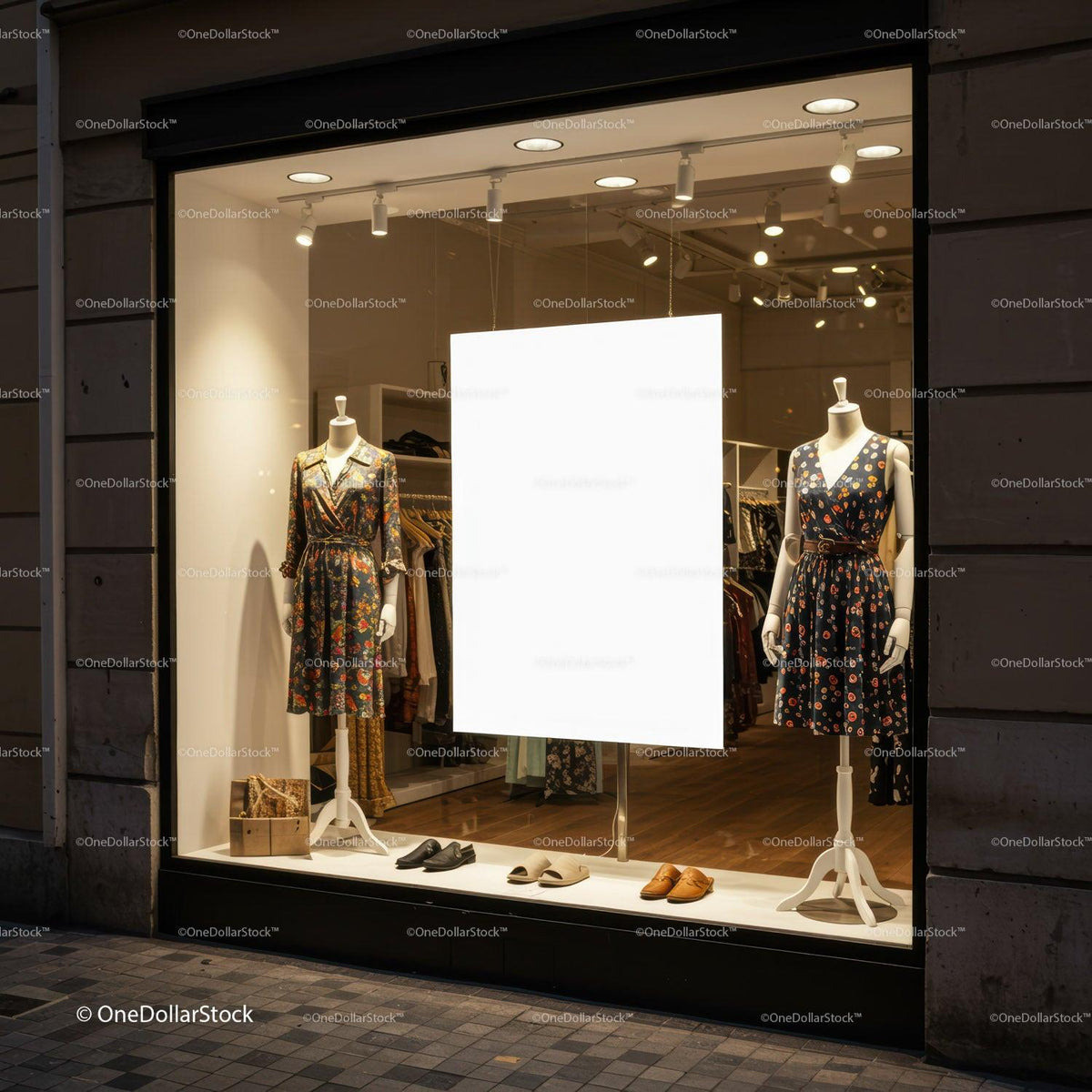 Elegant floral dresses displayed in boutique window at night JPG Mockup Image preview