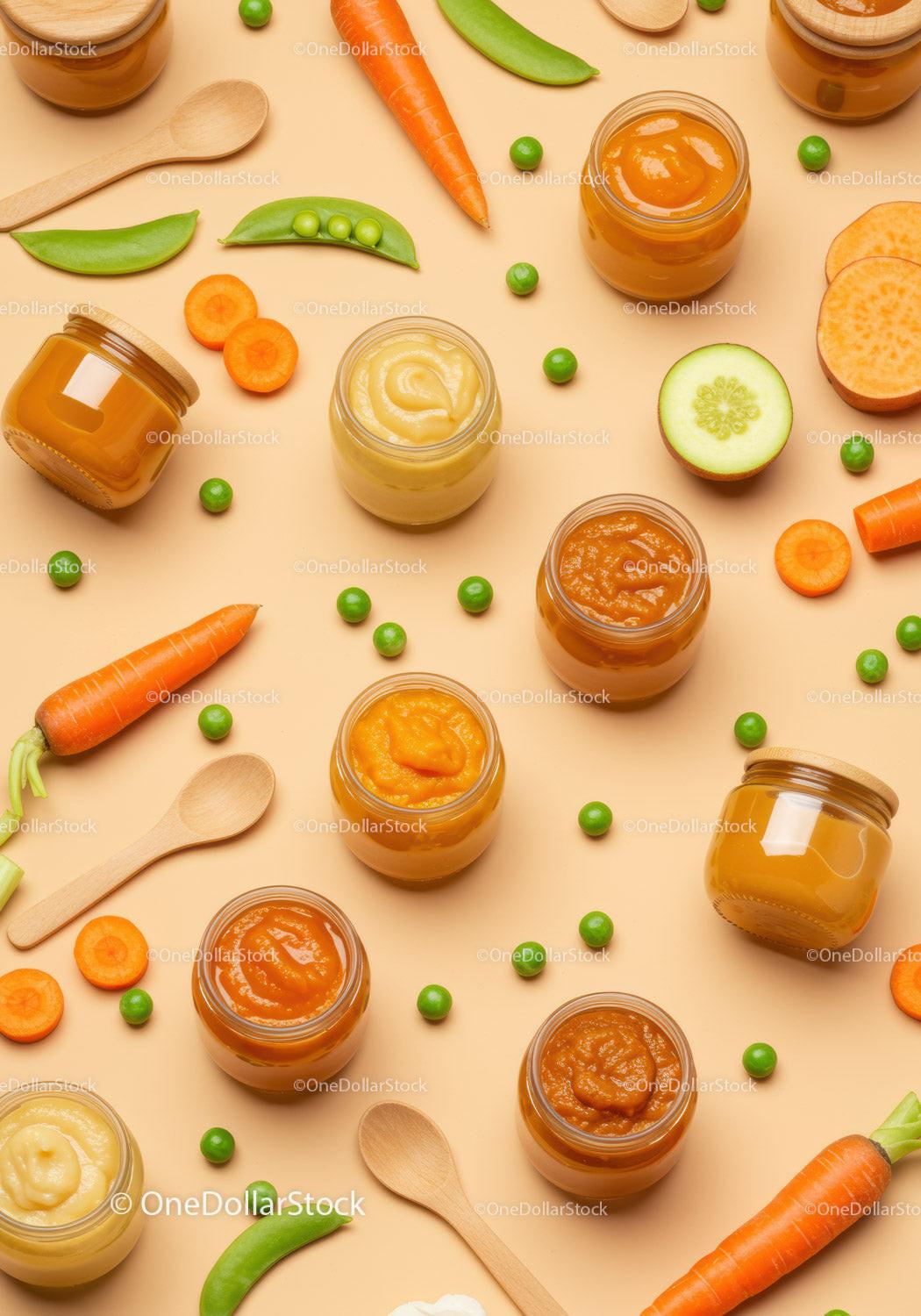 Assorted Vegetables and Jars of Homemade Purees