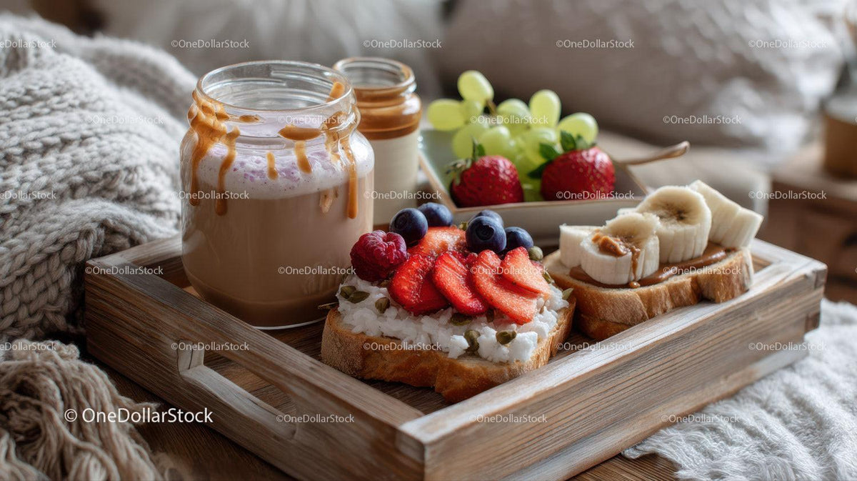 Assorted Fresh Fruit and Yogurt Breakfast on Wooden Tray