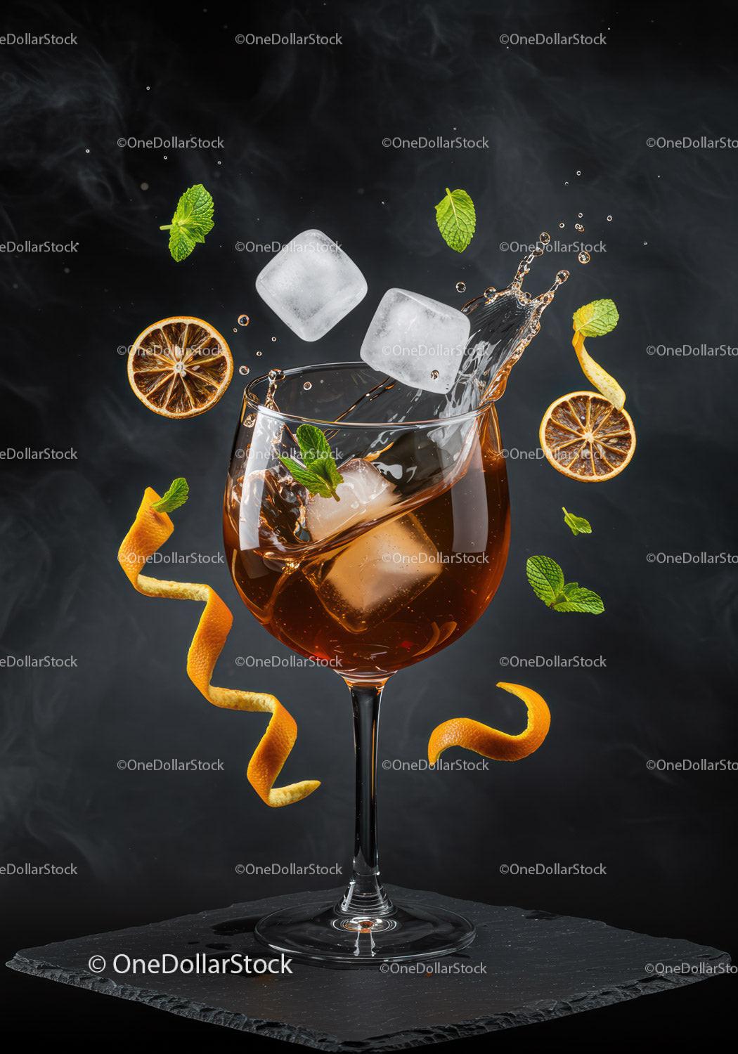 Refreshing cocktail with ice and citrus zest splash