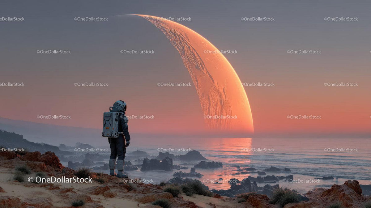 Astronaut Exploring a Surreal Alien Landscape with a Giant Orange Planet Stock Photo Bundle preview 25