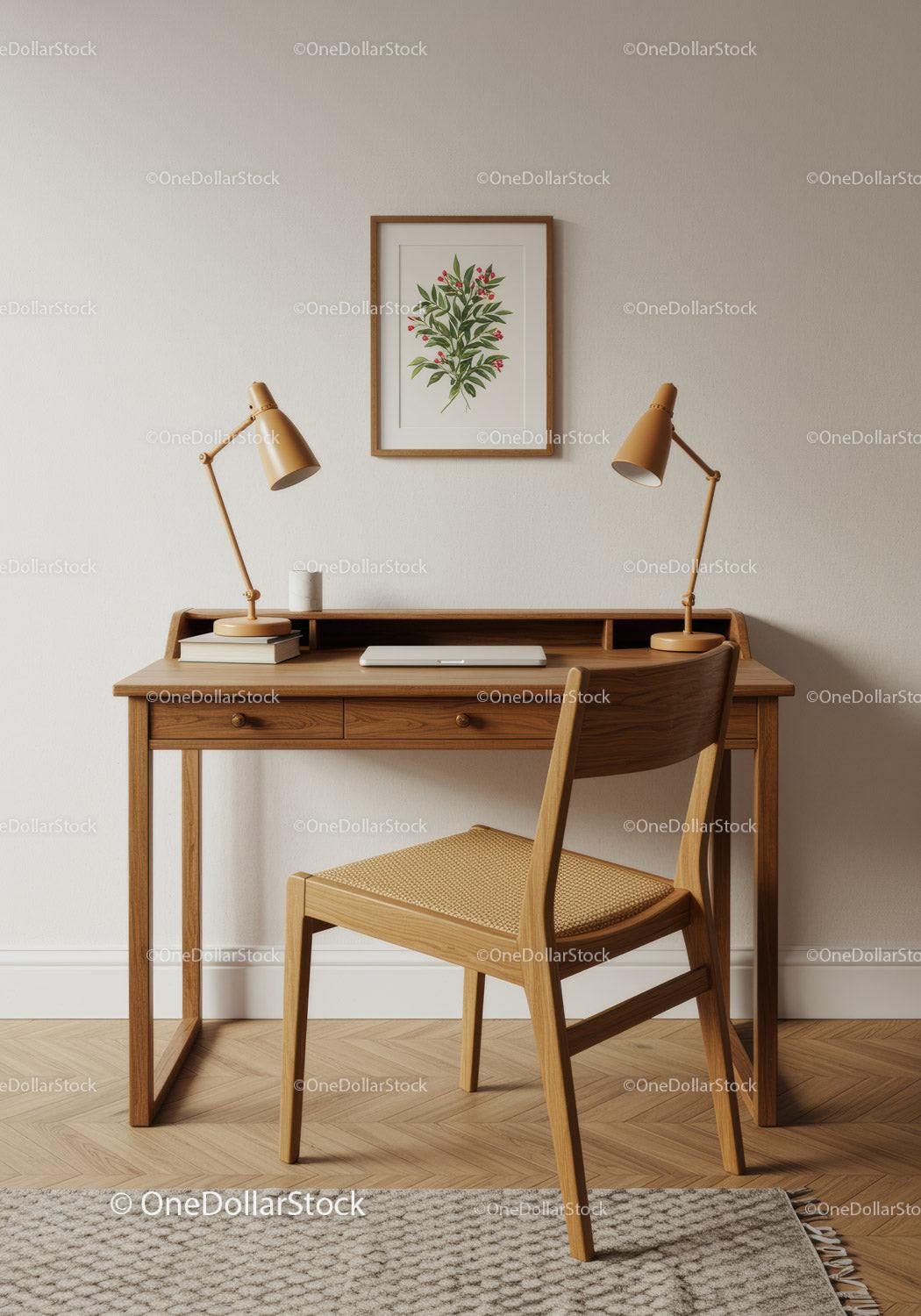 Modern Wooden Desk and Chair in Stylish Home Office Setting
