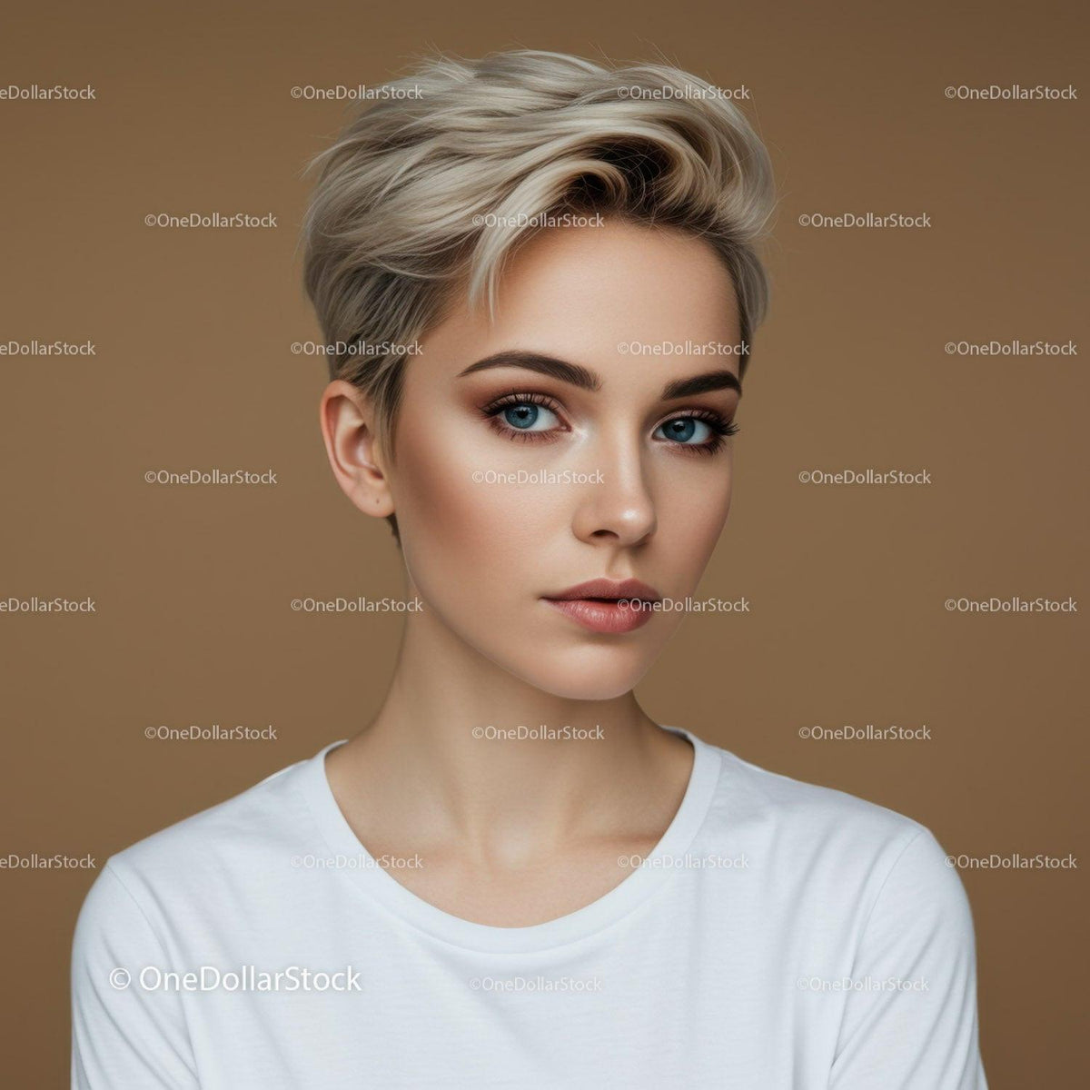 Portrait of a Young Woman with Short Blonde Hair and Blue Eyes