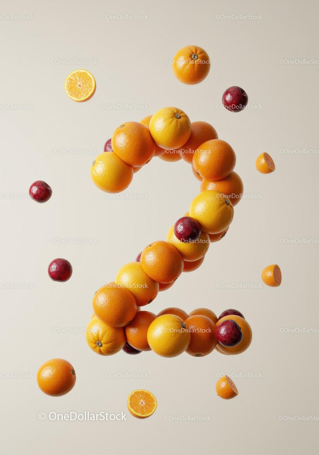 Fresh oranges and plums shaped into number two