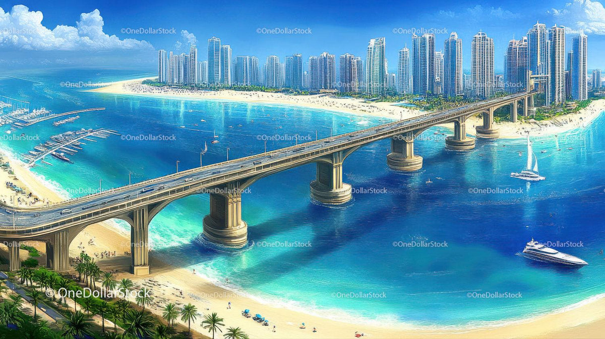 Long arched bridge over blue ocean water near sandy beach with city skyline
