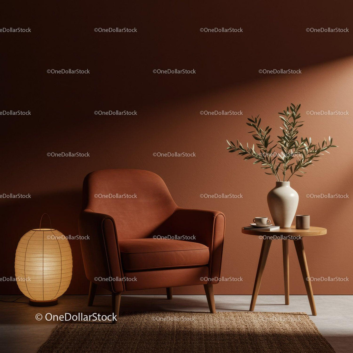 Cozy leather armchair with minimalist side table and lamp