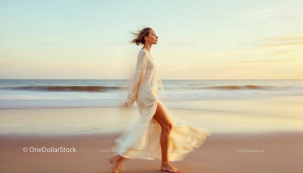 Graceful Woman Walking Along a Serene Beach at Dusk Stock Photo Bundle preview 11