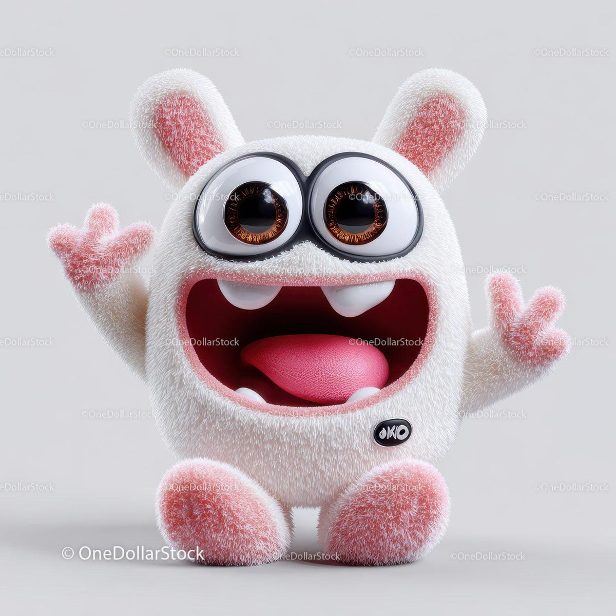 Fluffy white cartoon character toy with large eyes and pink fuzzy ears and hands
