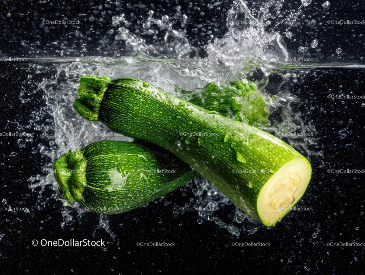 Fresh Green Zucchini Squash in Water with Splash Effect
