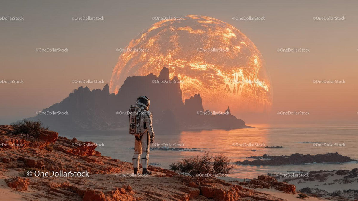 Astronaut Exploring a Surreal Alien Landscape with a Giant Orange Planet Stock Photo Bundle preview 20