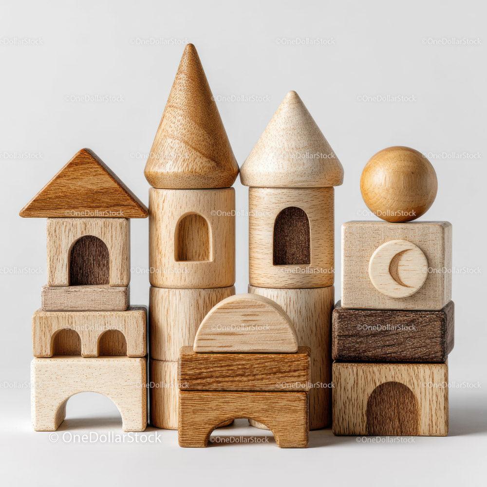 Stack of natural wooden geometric building blocks including cones, arches, and a sphere