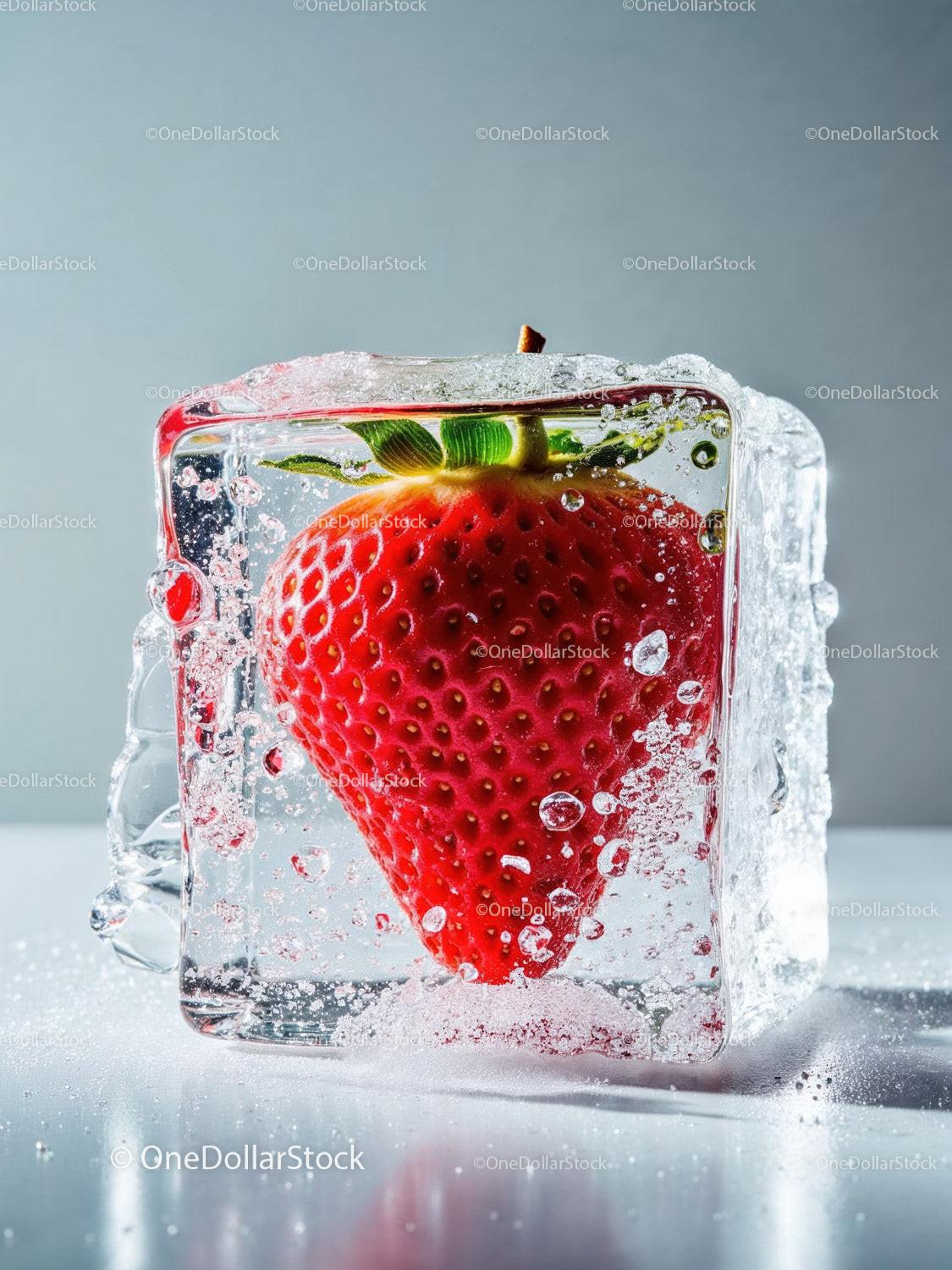 Fresh strawberry frozen inside a clear ice cube