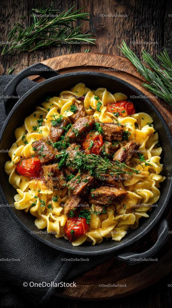 Hearty Beef and Cherry Tomato Pasta in Rustic Skillet Stock Photo Bundle preview