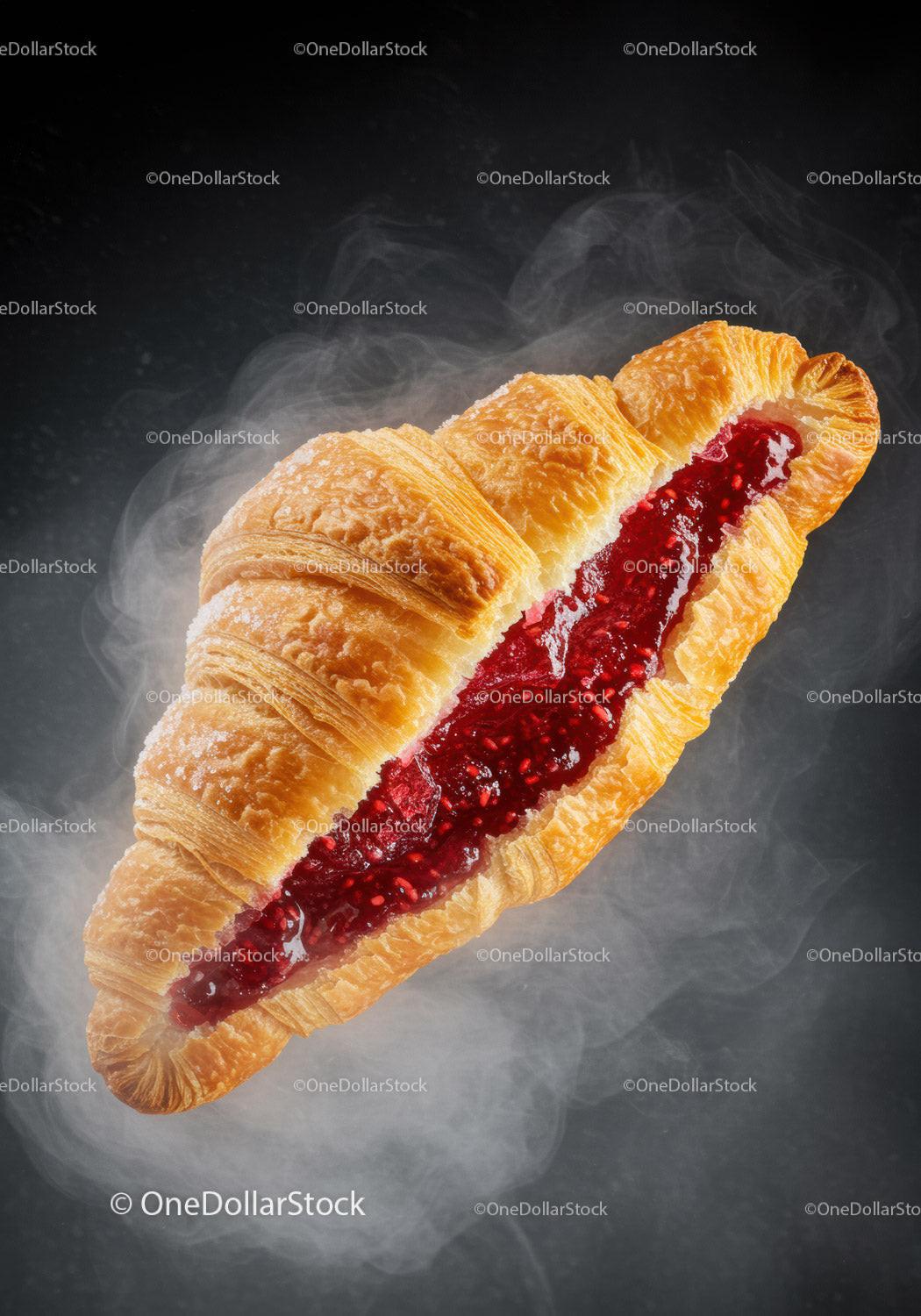 Freshly baked croissant with raspberry jam filling