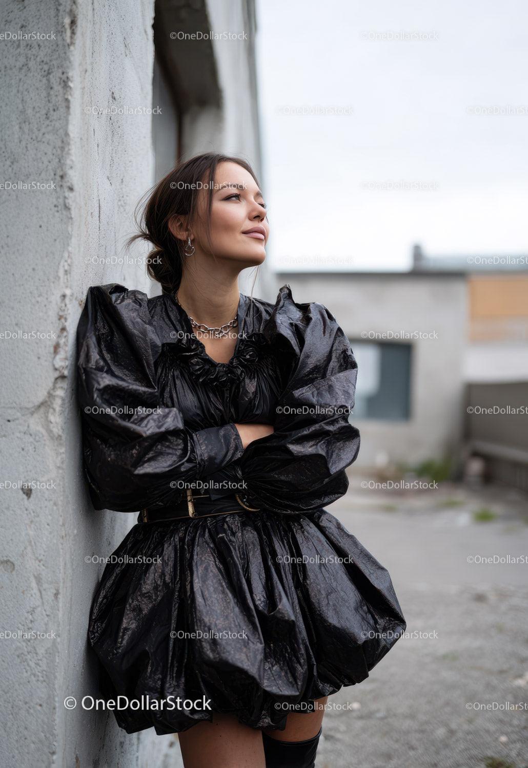 Stylish Woman in Black Shiny Dress Posing Outdoors