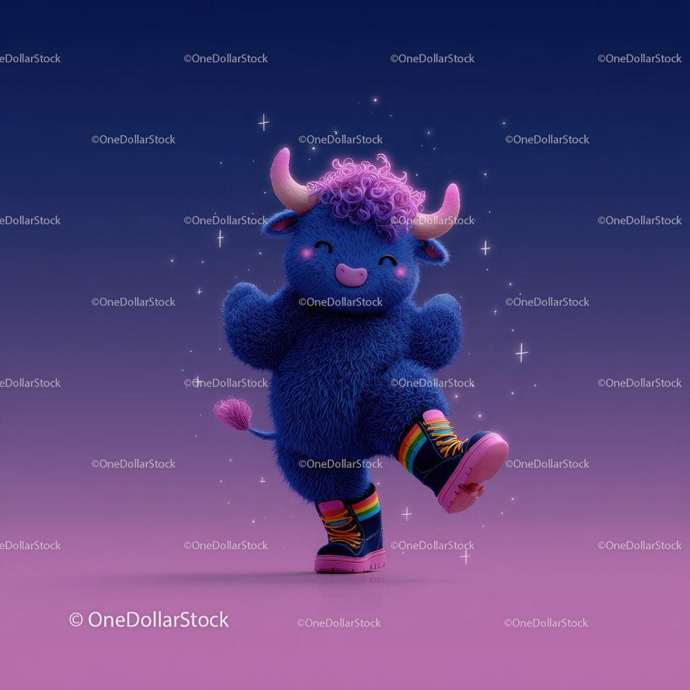 Fluffy blue bull with pink horns dancing in rainbow boots against starry purple background