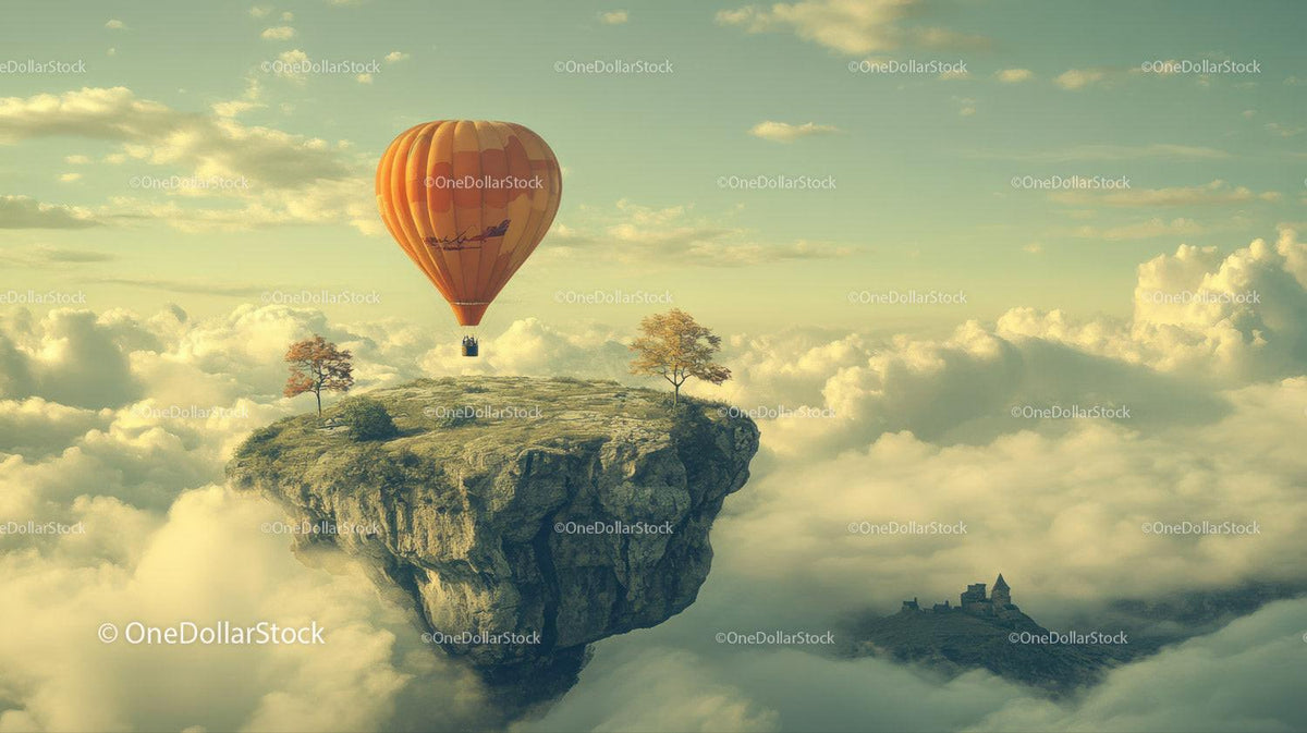 Orange hot air balloon floating above rock island with two trees surrounded by clouds