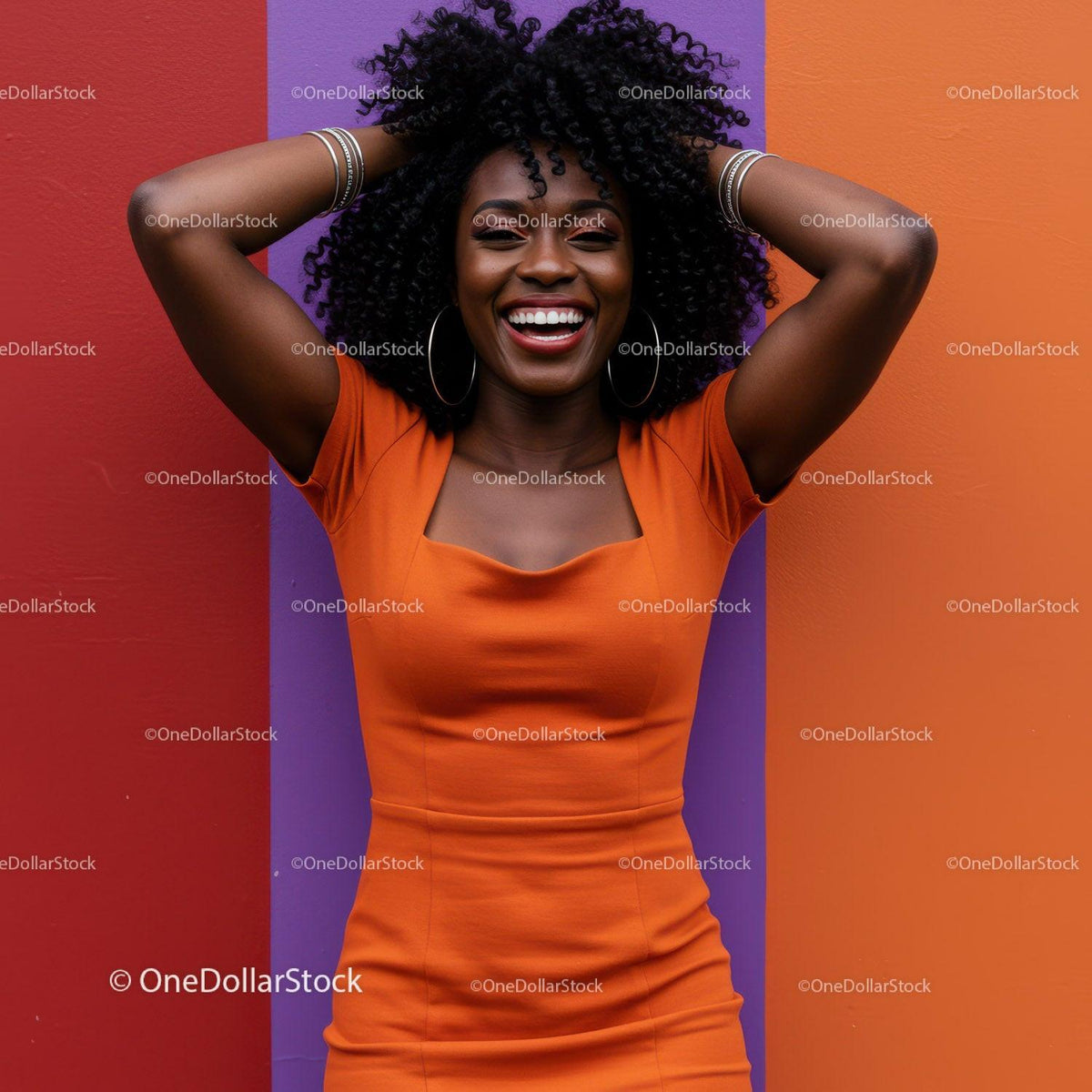Vibrant Orange Dress Woman Laughing Against Colorful Background