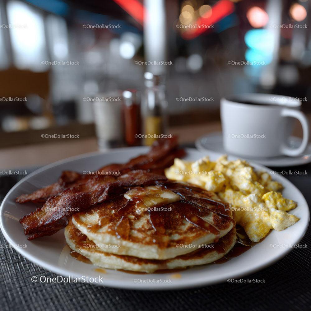 Full Breakfast Plate with Pancakes Bacon Eggs and Syrup