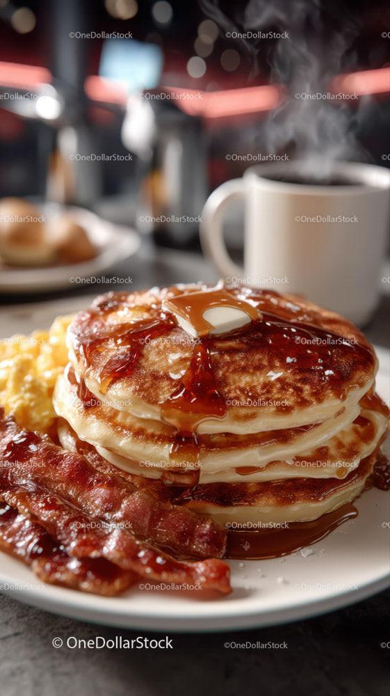 Stack of Fluffy Pancakes with Syrup and Bacon on a Breakfast Plate