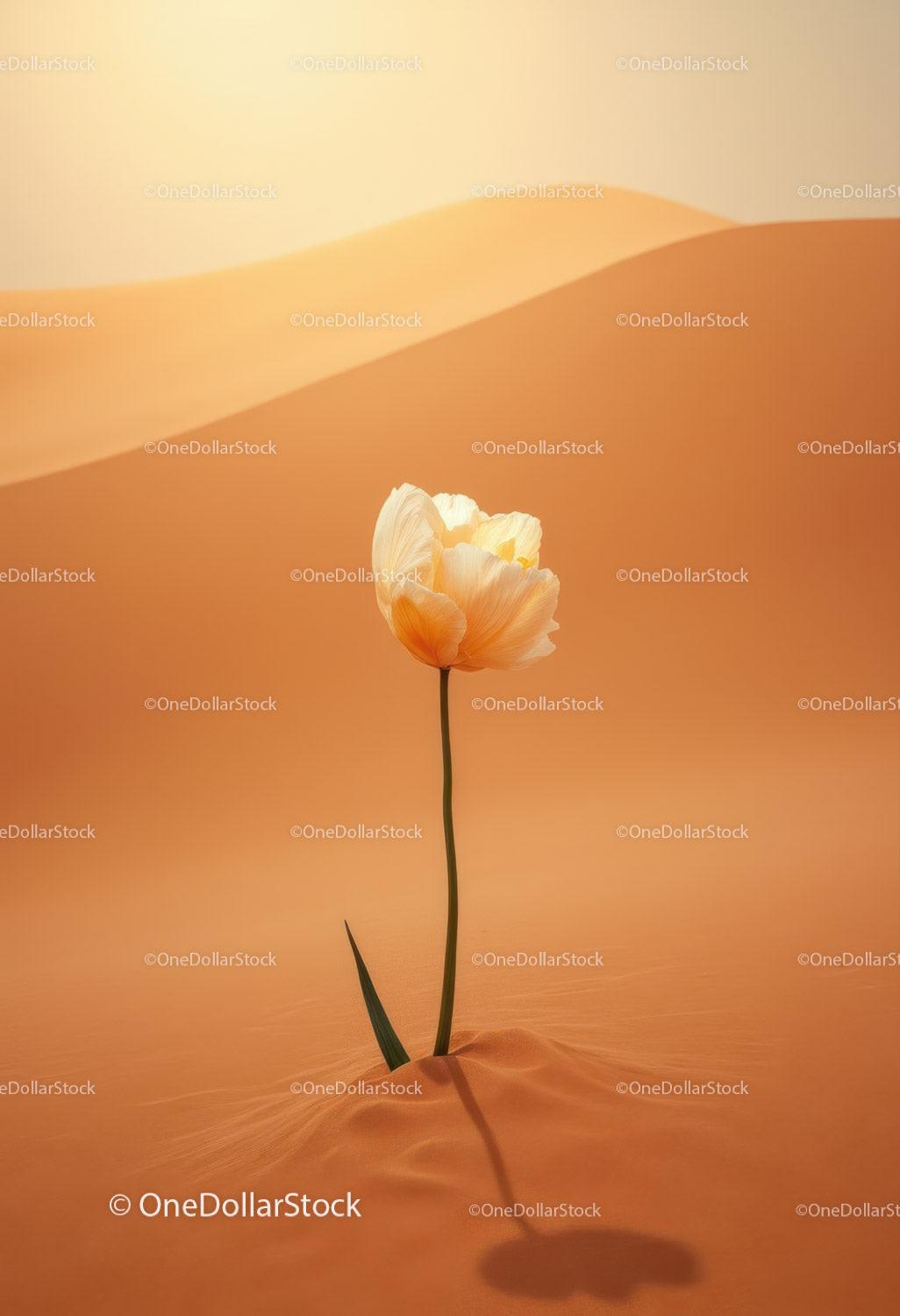 Delicate white flower blooming alone in warm desert