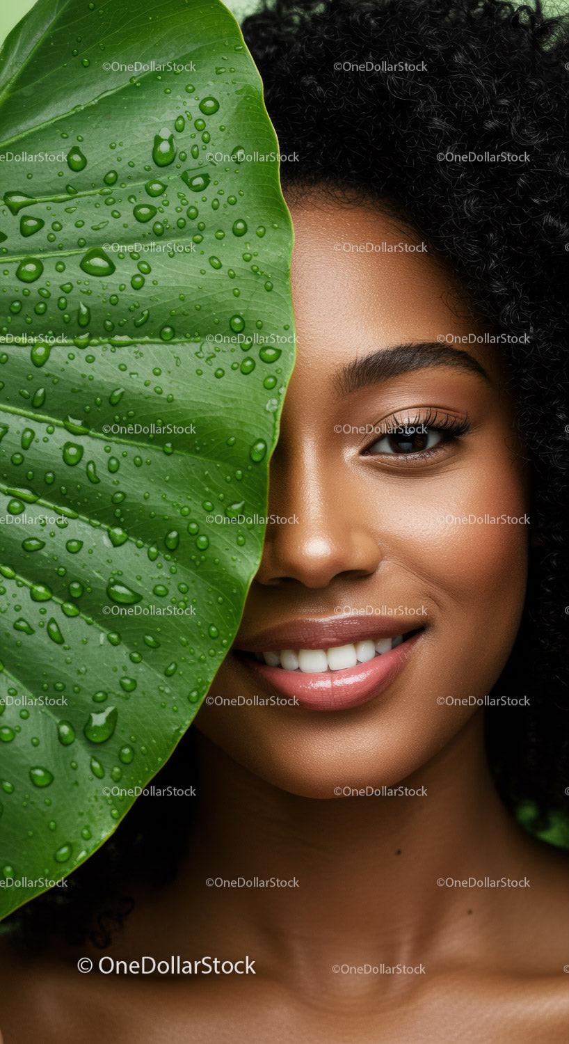 Smiling Woman with Curly Hair and Tropical Leaf in Natural Setting