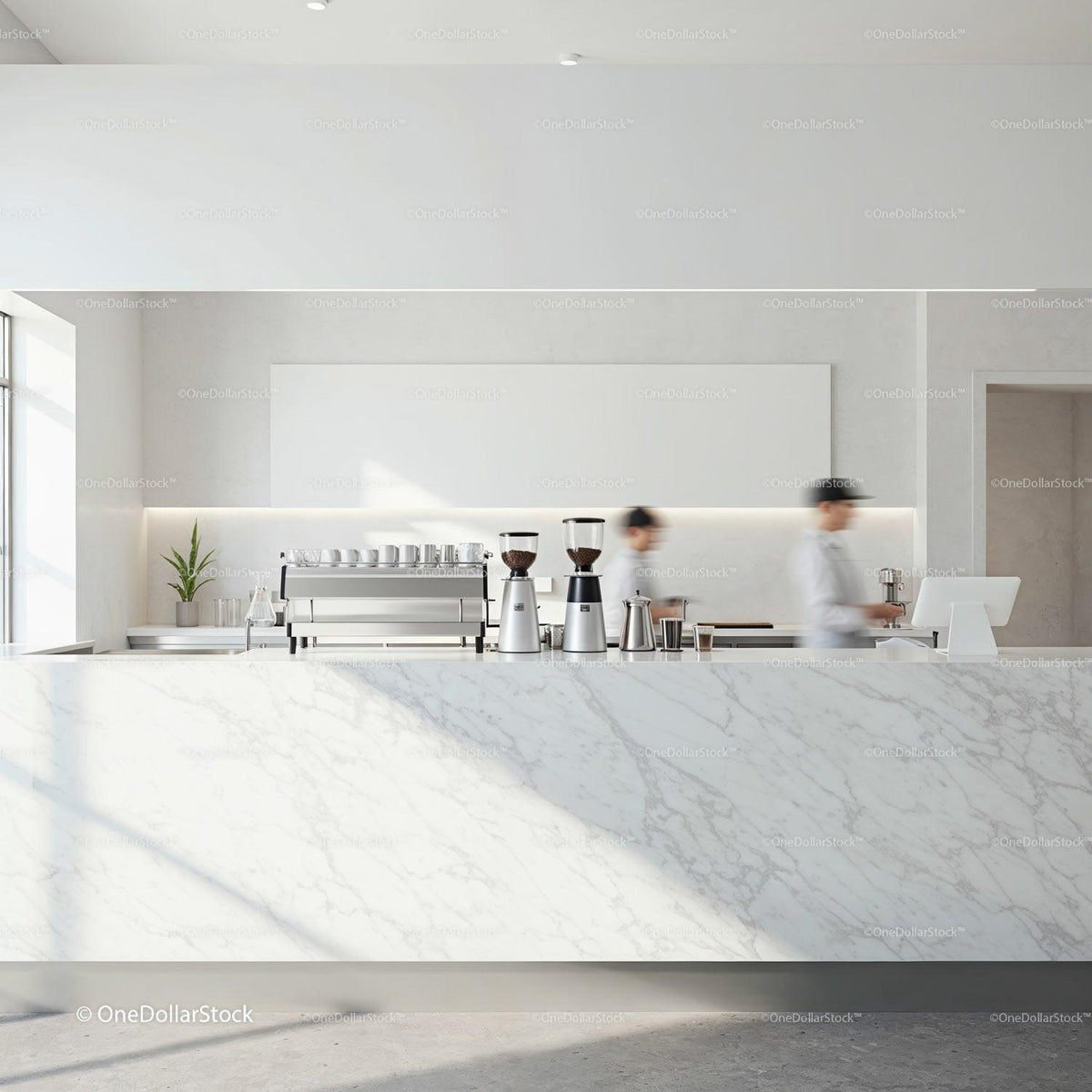Minimalist Coffee Shop Interior with Baristas Preparing Drinks JPG Mockup Image preview