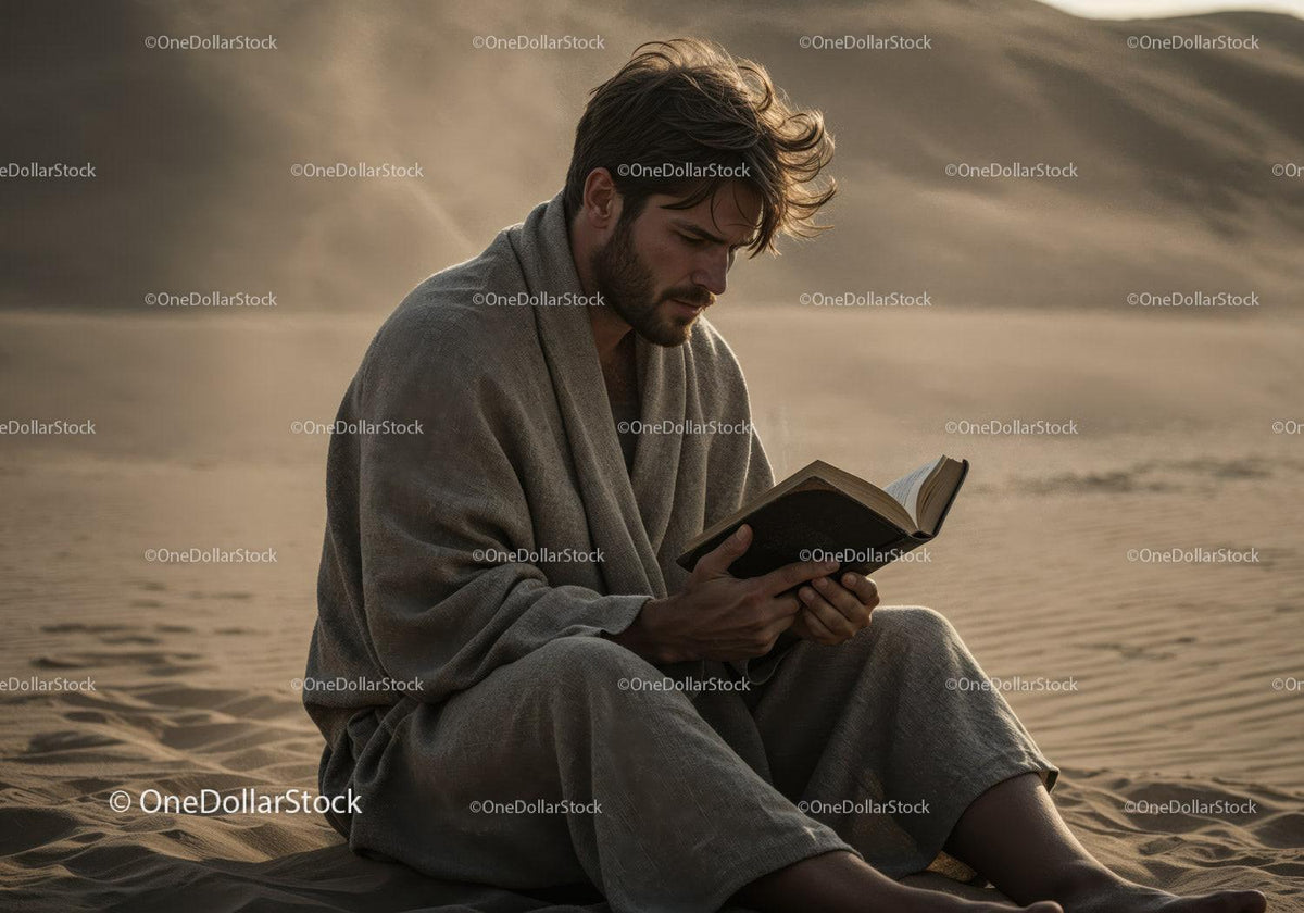 Man in Casual Clothing Reading Book in Desert During Dust Storm Stock Photo Bundle preview 9