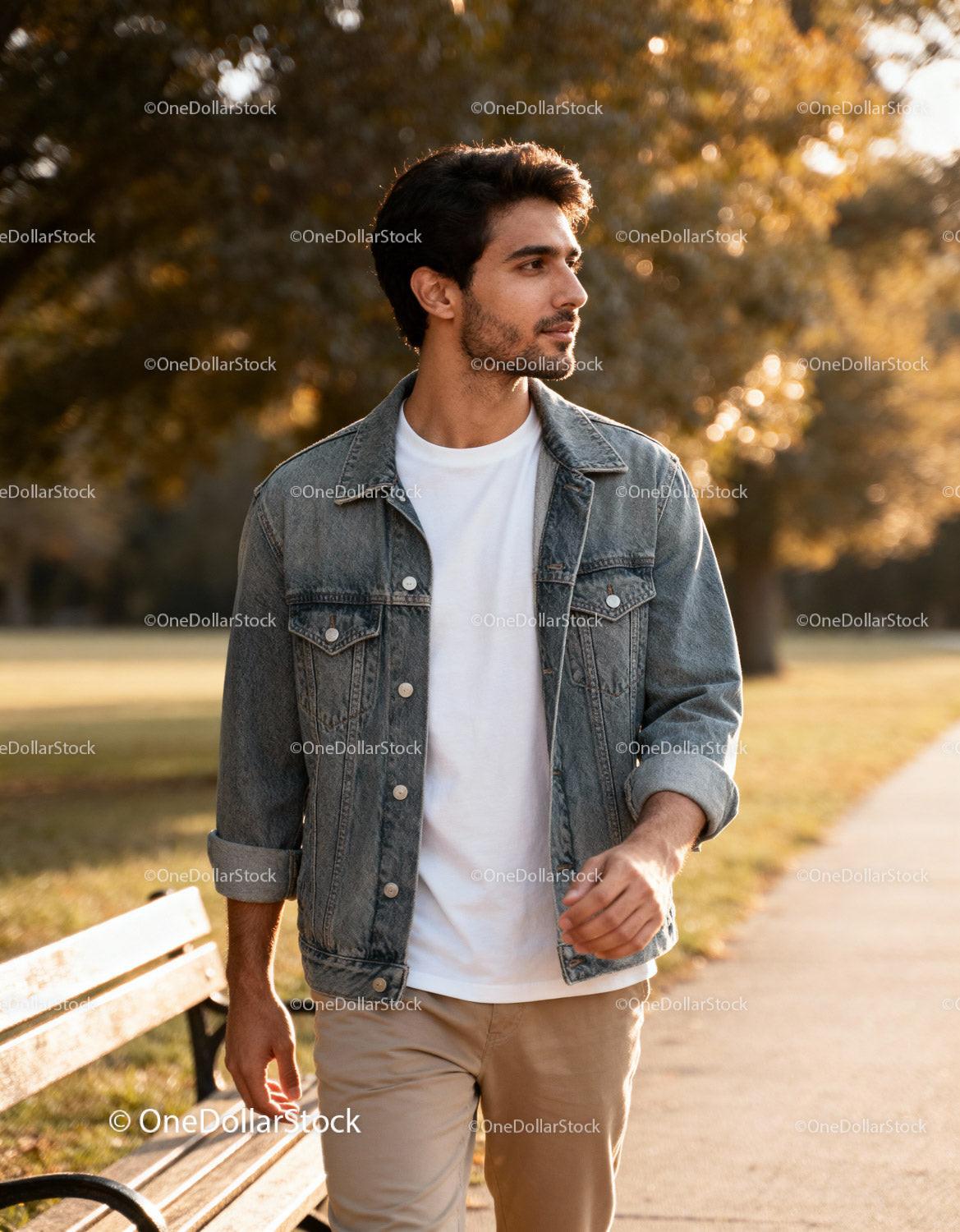 Young man walking thoughtfully in sunlit park